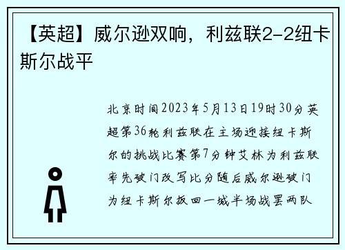 【英超】威尔逊双响，利兹联2-2纽卡斯尔战平