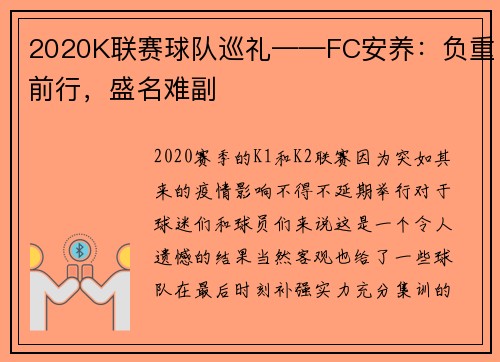 2020K联赛球队巡礼——FC安养：负重前行，盛名难副
